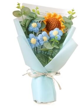 Handmade Crochet Sunflower & Blue Daisy Bouquet - Light Blue Wrap.